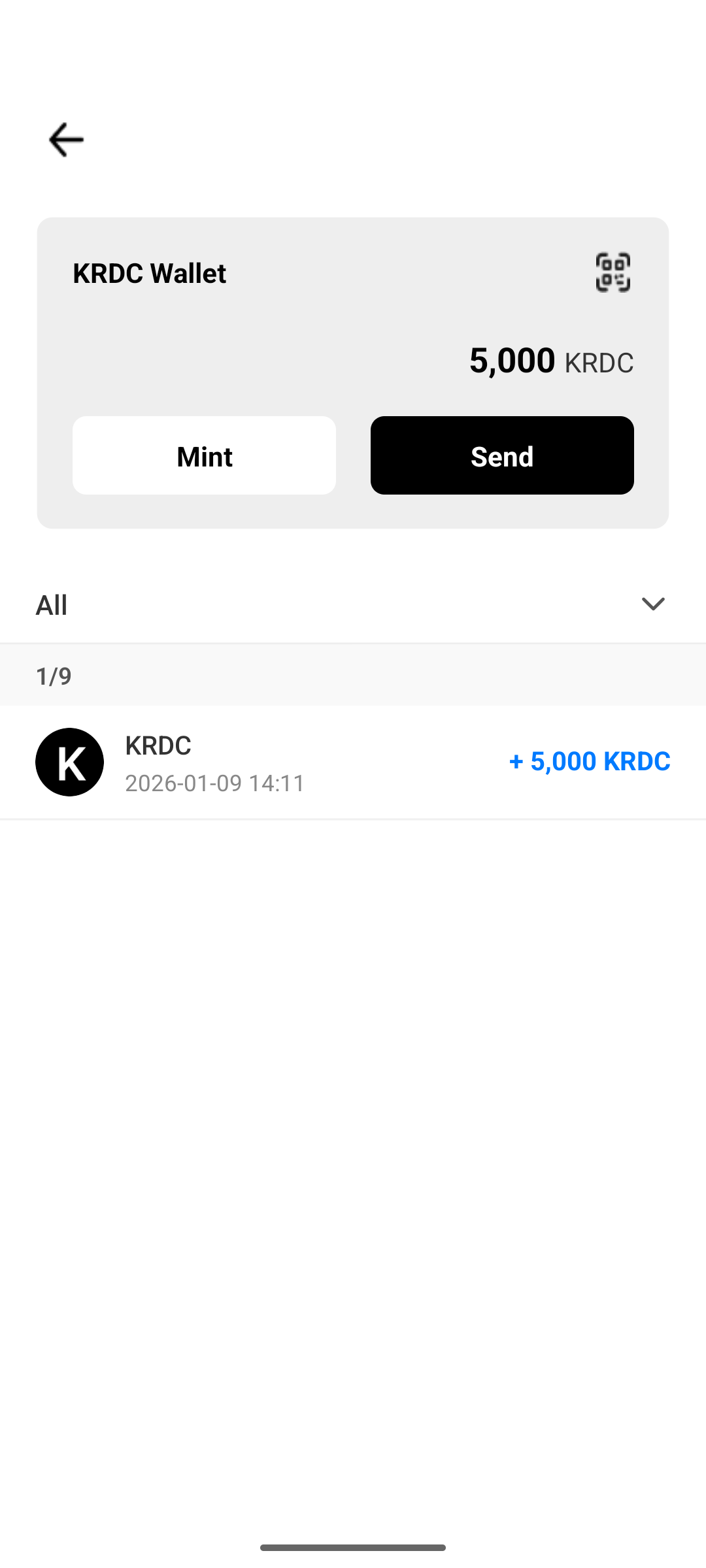 Wallet 앱의 KRDC 코인 잔액·거래 내역 화면